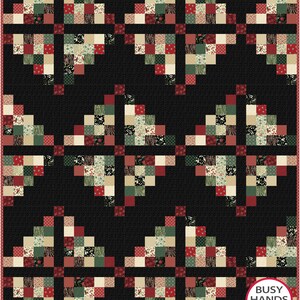 May include: A quilt pattern with a black background and red, green, and cream colored squares arranged in a geometric pattern. The quilt is titled "Busy Hands Quilts" with the tagline "buy handmade".