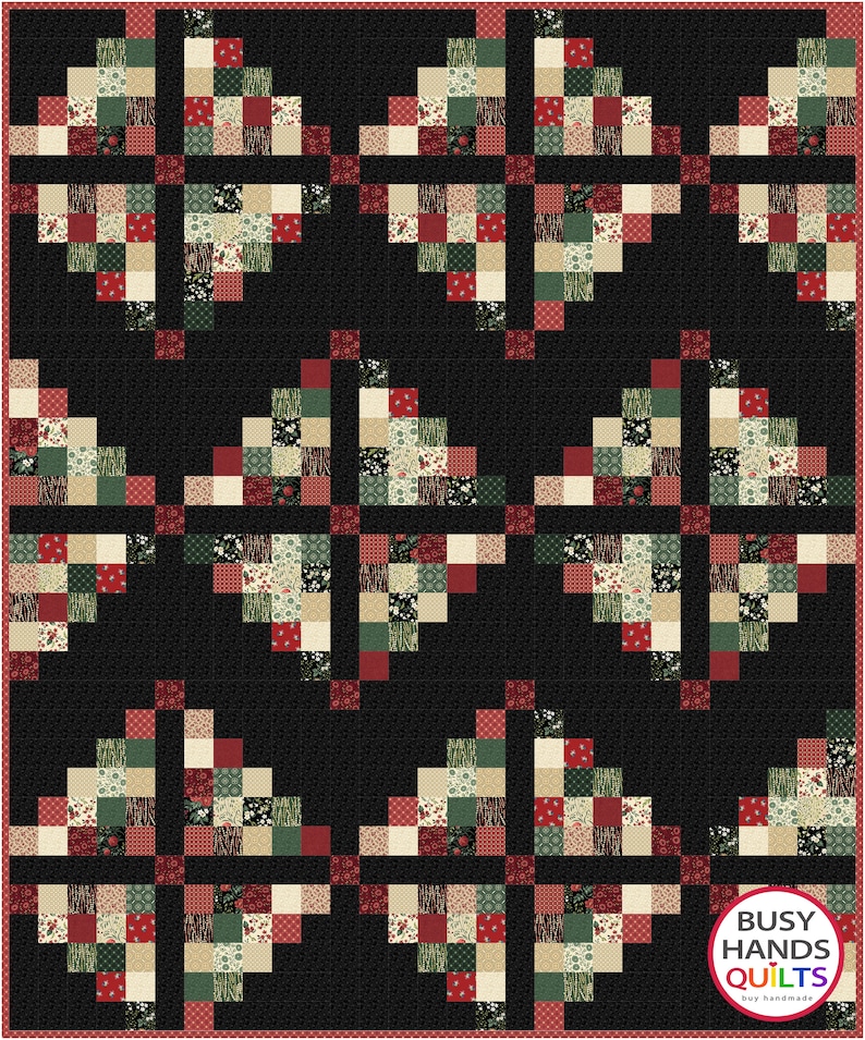 May include: A quilt pattern with a black background and red, green, and cream colored squares arranged in a geometric pattern. The quilt is titled "Busy Hands Quilts" with the tagline "buy handmade".