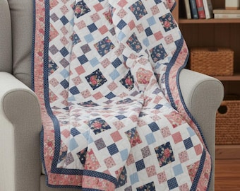 Granny's Square Patch THROW Size Quilt Kit in A Cat Named Stitch - Choice of Border Fabric