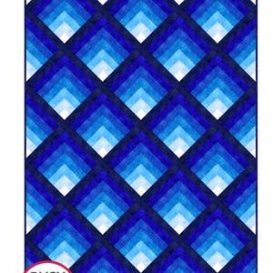 May include: A quilt titled Waterfall II featuring a repeating diamond pattern in shades of blue, ranging from dark navy to light white-blue. The text includes Waterfall II, Throw and Queen, Includes 2 Sizes, and Busy Hands Quilts.