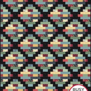 May include: A quilt with a geometric pattern in shades of red, blue, green, and yellow on a black background. The quilt is made up of small squares and rectangles. The quilt is labeled "Busy Hands Quilts" in the bottom right corner.
