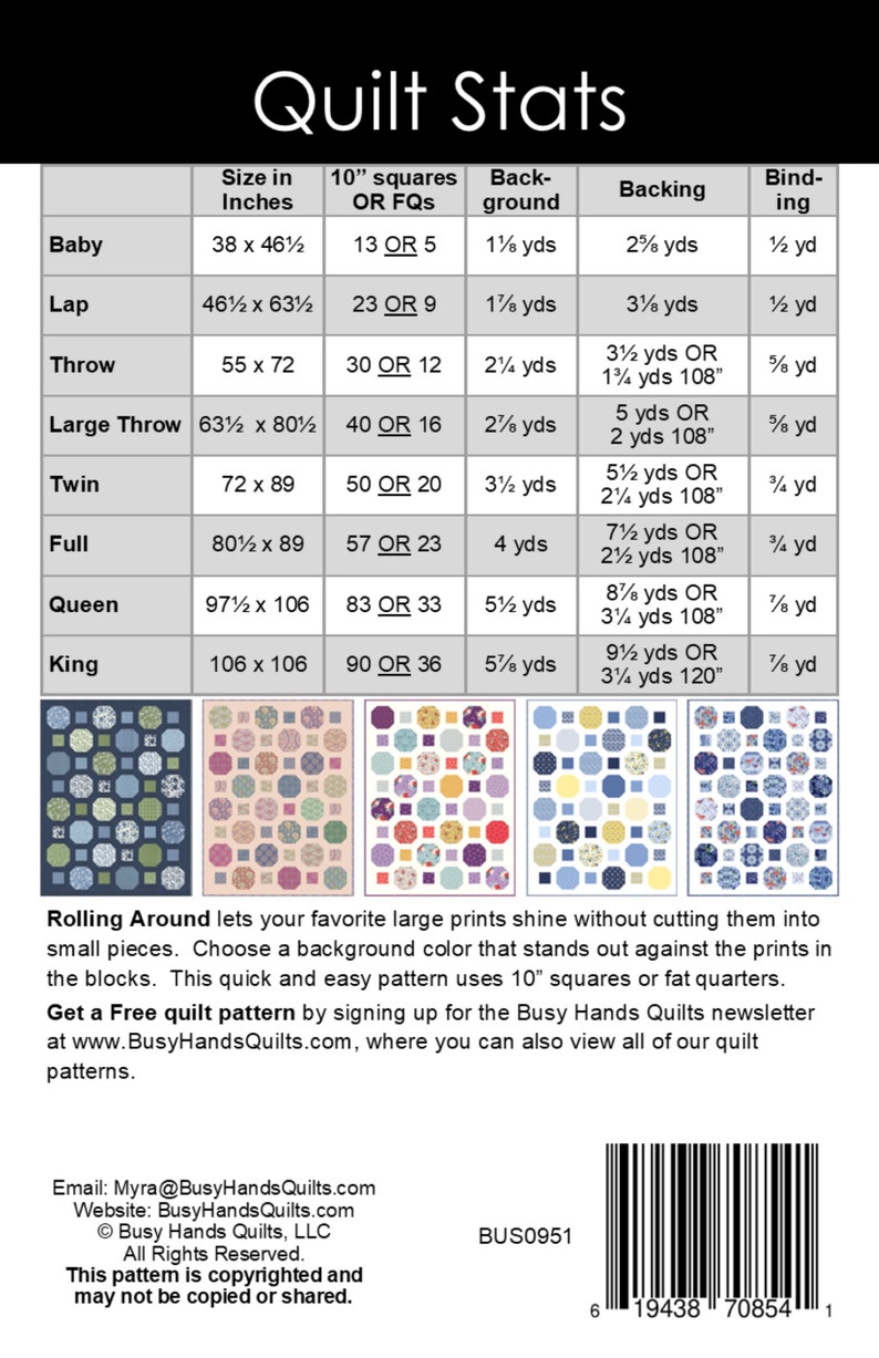 8 Sizes Rolling Around Quilt Pattern PRINTED, Fqs or Layer Cake Squares ...