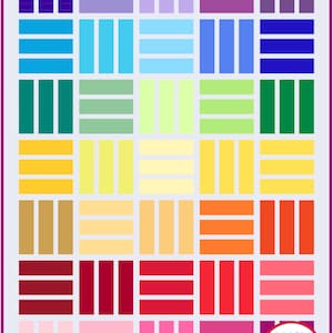 May include: A colorful quilt pattern with a variety of colors, including purple, blue, green, yellow, orange, red, and pink. The quilt is made up of squares with different colored stripes. The quilt is labeled "Busy Hands Quilts" in the bottom right corner.