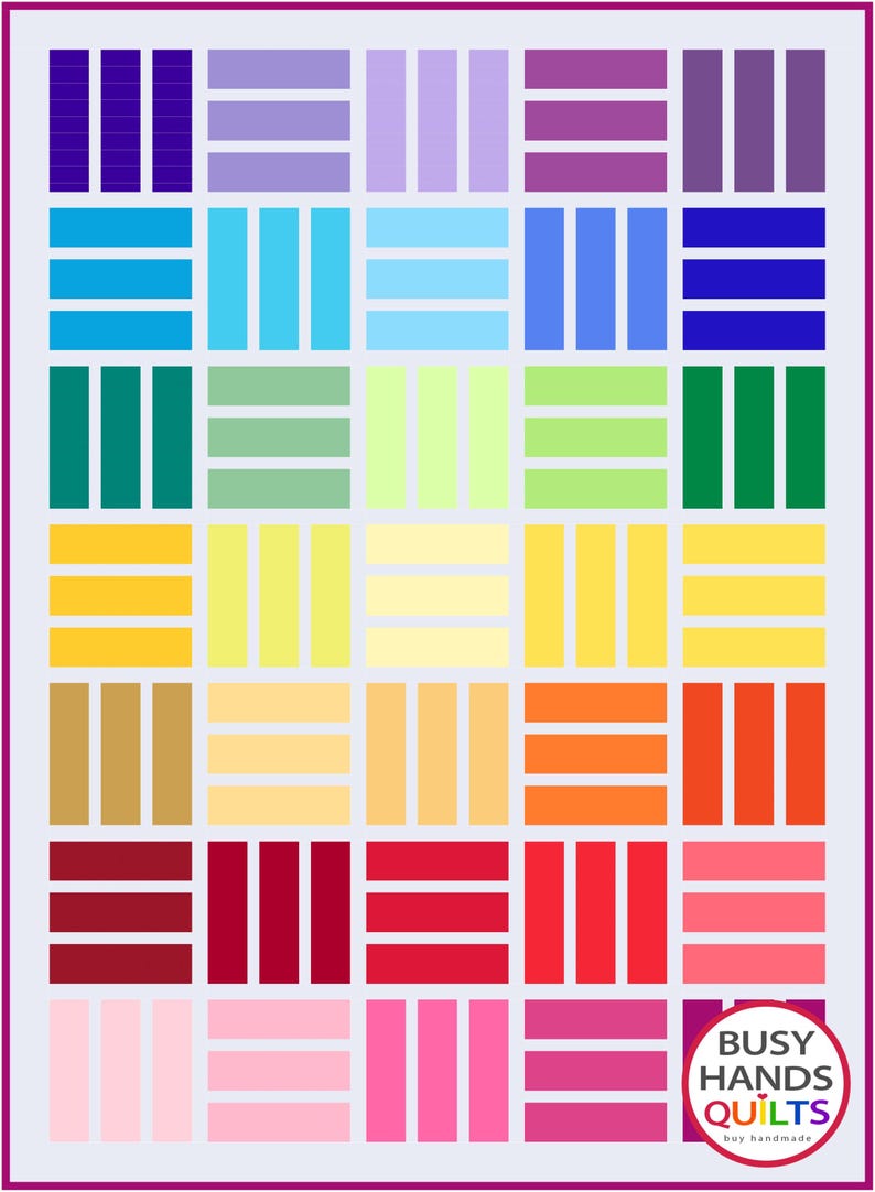 May include: A colorful quilt pattern with a variety of colors, including purple, blue, green, yellow, orange, red, and pink. The quilt is made up of squares with different colored stripes. The quilt is labeled "Busy Hands Quilts" in the bottom right corner.