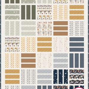May include: A quilt pattern with a variety of floral and geometric prints in shades of green, blue, brown, and yellow. The quilt is made up of 36 squares, each with a different pattern. The quilt is surrounded by a white border.
