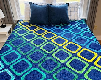 Handmade Gemstones Throw Quilt READY TO SHIP in Dewdrop in Blues by Busy Hands Quilts