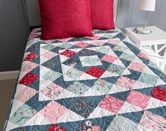 Handmade Skip to My Lou Throw Quilt in Berry Market READY TO SHIP by Myra Barnes of Busy Hands Quilts