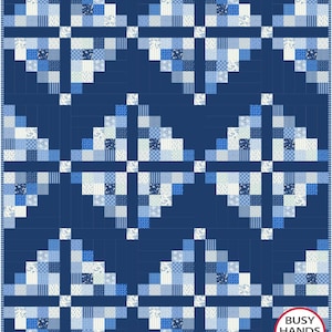 May include: A quilt pattern with a blue background and white and blue squares arranged in a geometric design. The quilt is titled "Busy Hands Quilts" with the tagline "buy handmade".