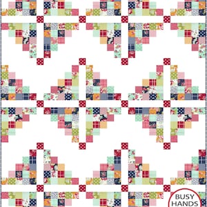 May include: A quilt pattern with a white background and a repeating pattern of red, blue, green, and yellow squares. The pattern is made up of small squares arranged in a diamond shape. The quilt is finished with a red border and a logo that says "Busy Hands Quilts" in the bottom right corner.