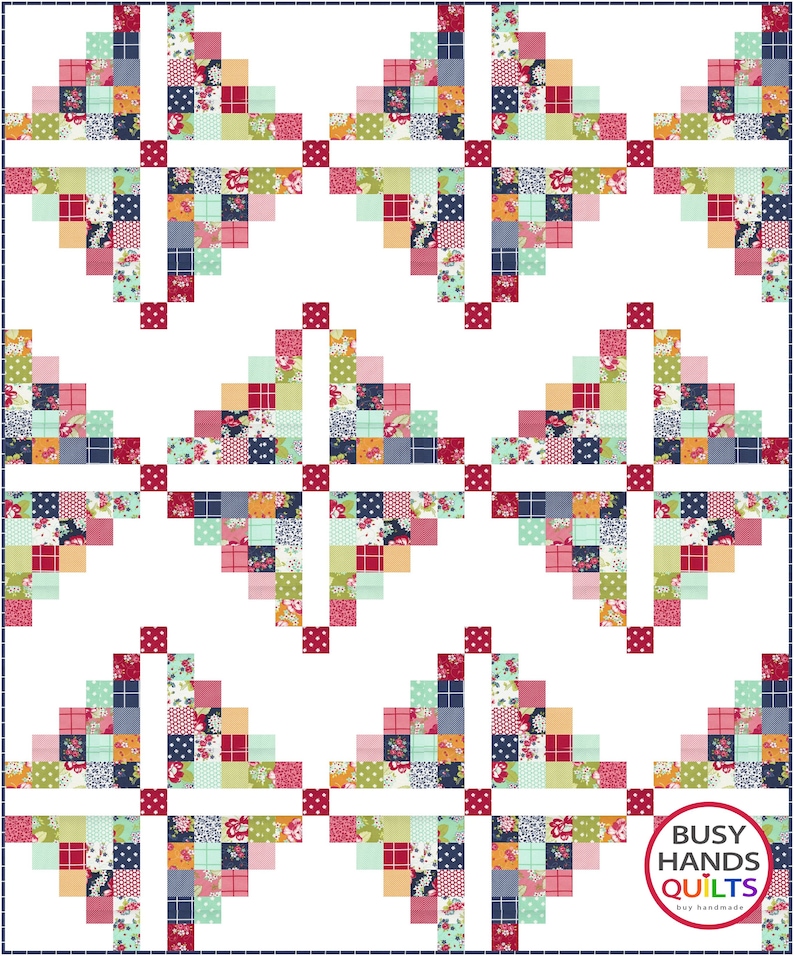 May include: A quilt pattern with a white background and a repeating pattern of red, blue, green, and yellow squares. The pattern is made up of small squares arranged in a diamond shape. The quilt is finished with a red border and a logo that says "Busy Hands Quilts" in the bottom right corner.