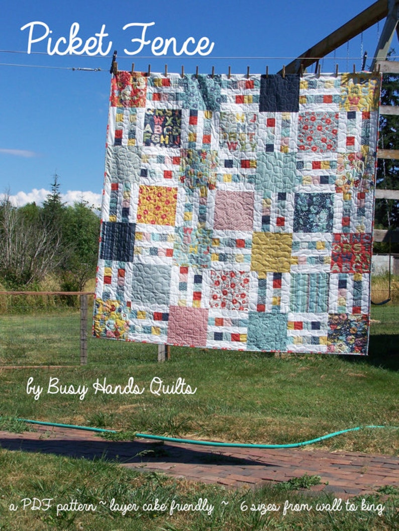 7 Sizes, Picket Fence Quilt Pattern PRINTED, Quick and Easy, Baby to King, Layer Cake Squares, FQ, Busy Hands Quilts-Baby Quilt Pattern 