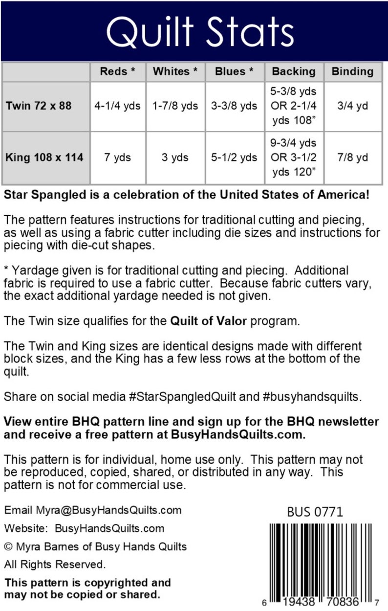 2 Sizes Star Spangled Quilt Pattern PRINTED, Twin and King, Red White Blue, American Flag Quilt of Valor, Myra Barnes of Busy Hands Quilts image 2