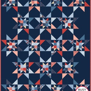 May include: A navy blue quilt with a repeating star pattern in shades of red, light blue, and cream. The quilt features a grid design with square and diamond shapes. The text "Busy Hands Quilts" is in the lower right corner.