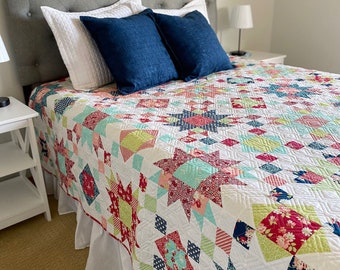 4 Sizes Summer on the Porch Quilt Pattern, PDF DIGITAL Download, Throw Twin Queen King, FQ Quilt Patterns, Star Quilt Patterns, Myra Barnes