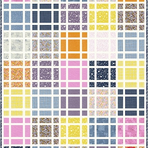 May include: A colorful quilt with a grid pattern. The quilt features squares of various colors and patterns, including floral, polka dots, and solid colors. The colors include pink, yellow, blue, orange, and purple. The quilt has a white border and the text "BUSY HANDS QUILTS" in a circle.