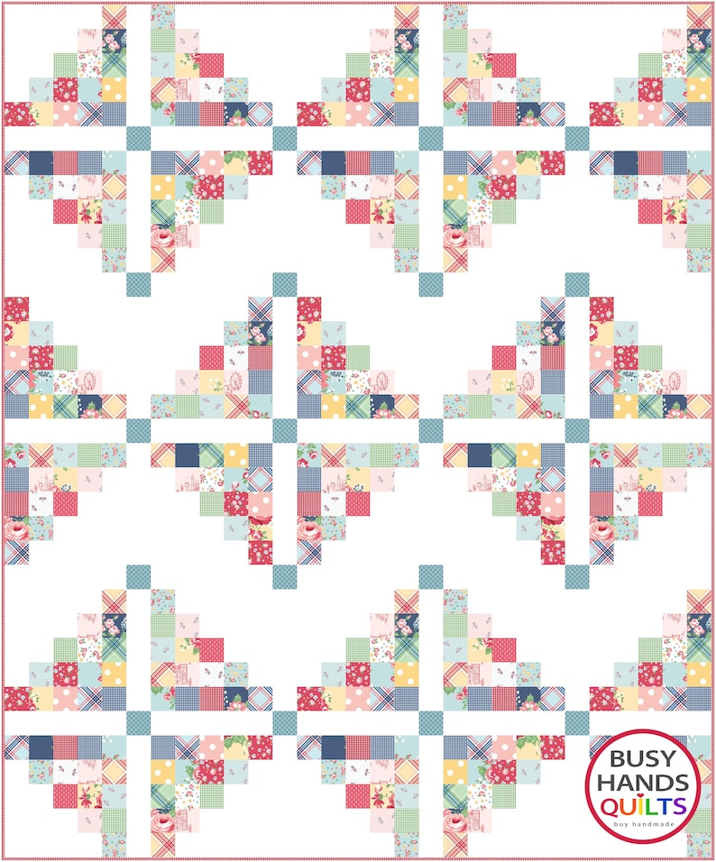 May include: A quilt pattern with a white background and a repeating pattern of blue, pink, yellow, and green patchwork hearts. The quilt is framed by a blue border. The text "BUSY HANDS QUILTS buy handmade" is in a circle at the bottom right corner of the image.