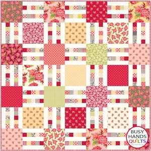 May include: A quilt pattern with a grid of squares in various floral prints, including pink, red, and green. The squares are separated by white strips with a checkered pattern. The quilt is bordered by a white frame with a checkered pattern. The text "Busy Hands Quilts" is in the bottom right corner.