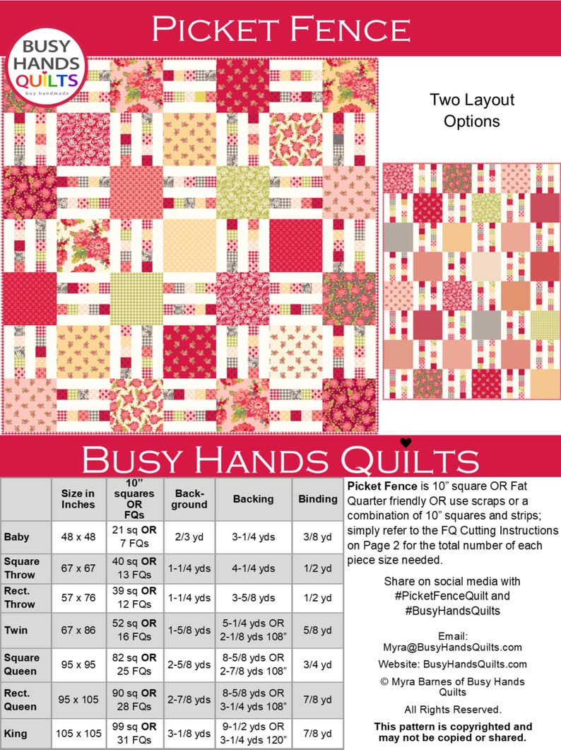 May include: A chart with instructions for making a quilt called "Picket Fence". The chart shows the size of the quilt in inches, the number of 10-inch squares or fat quarters needed, the amount of backing fabric needed, and the amount of binding fabric needed. The chart also includes the text "Picket Fence is 10" square OR Fat Quarter friendly OR use scraps or a combination of 10" squares and strips; simply refer to the FQ Cutting Instructions on Page 2 for the total number of each piece size needed."
