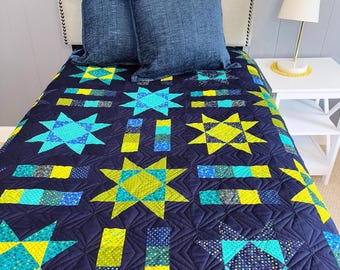 Handmade Quilt READY TO SHIP Star Pattern Turquoise Blue Twin Bedding Heirloom Keepsake Christmas Gift Birthday Wedding Housewarming Unique