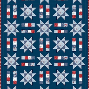 May include: A navy blue quilt with a repeating pattern of stars and rectangular blocks. The stars are light blue and white, and the blocks are red, white, and blue. The quilt has a red and white border. The text "BUSY HANDS QUILTS" is in the bottom right corner.