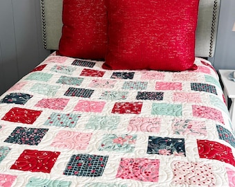 Handmade Market Square Throw Quilt in Berry Market READY TO SHIP Handcrafted by Myra Barnes of Busy Hands Quilts