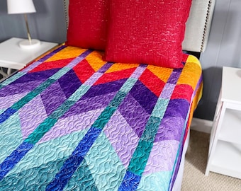 Handmade Ombre Mountains Throw Quilt READY TO SHIP in Shimmer Sunset over the Mountains by Myra Barnes of Busy Hands Quilts