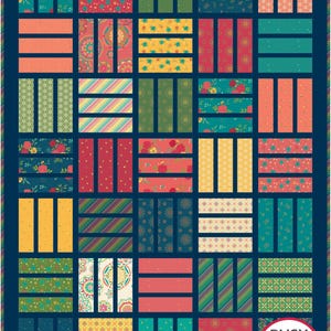 May include: A quilt pattern with a variety of colorful fabrics, including floral prints, geometric patterns, and stripes. The quilt is made up of squares and rectangles, and the colors are bright and cheerful. The quilt is surrounded by a dark blue border. The text "BUSY HANDS QUILTS buy handmade" is in the lower right corner of the image.