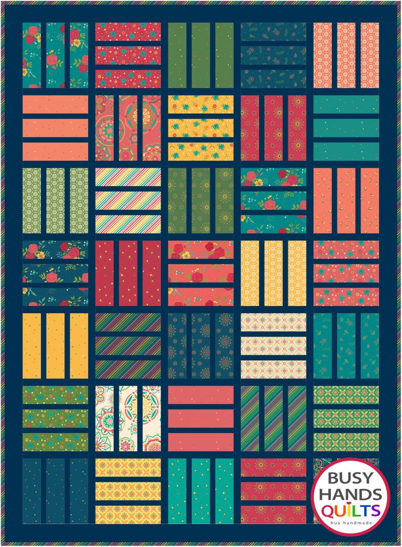 May include: A quilt pattern with a variety of colorful fabrics, including floral prints, geometric patterns, and stripes. The quilt is made up of squares and rectangles, and the colors are bright and cheerful. The quilt is surrounded by a dark blue border. The text "BUSY HANDS QUILTS buy handmade" is in the lower right corner of the image.