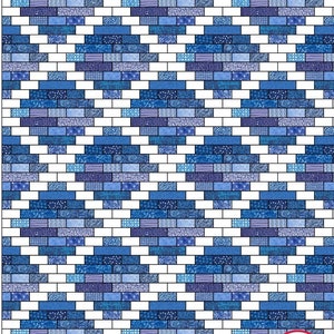 May include: A quilt pattern with a brick design in shades of blue and white. The pattern is made up of small squares and rectangles. The quilt is finished with a label that says "Busy Hands Quilts".