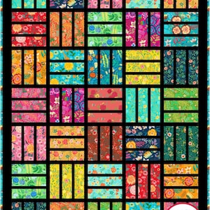 May include: A colorful quilt with a black grid pattern and floral fabric squares. The quilt is made by Busy Hands Quilts.