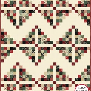 May include: A quilt pattern with a geometric design featuring red, green, black, and white squares. The pattern is repeated throughout the quilt. The quilt is surrounded by a red border. The text "Busy Hands Quilts" is in the bottom right corner of the image.