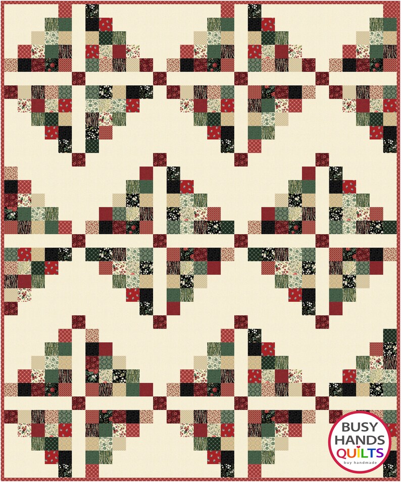 May include: A quilt pattern with a geometric design featuring red, green, black, and white squares. The pattern is repeated throughout the quilt. The quilt is surrounded by a red border. The text "Busy Hands Quilts" is in the bottom right corner of the image.