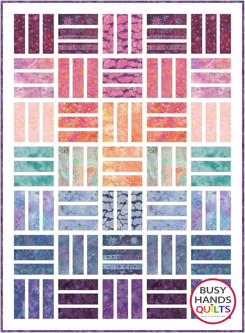 May include: A quilt pattern with a grid of colorful squares and rectangles. The squares and rectangles are made of different fabrics with various patterns, including stars, clouds, and stripes. The quilt is framed with a white border and has a label in the bottom right corner that reads "Busy Hands Quilts, buy handmade".