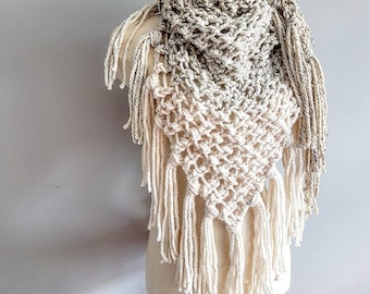 Handknit Triangle Scarf with Tassels: Tri-Color Boho Shawl