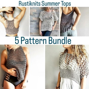 May include: A bundle of five crochet top knitting patterns. The patterns feature different styles of tops, including a sleeveless top, a short-sleeved top, and a long-sleeved top. The tops are all made with a light-coloured yarn and have a delicate, airy look.