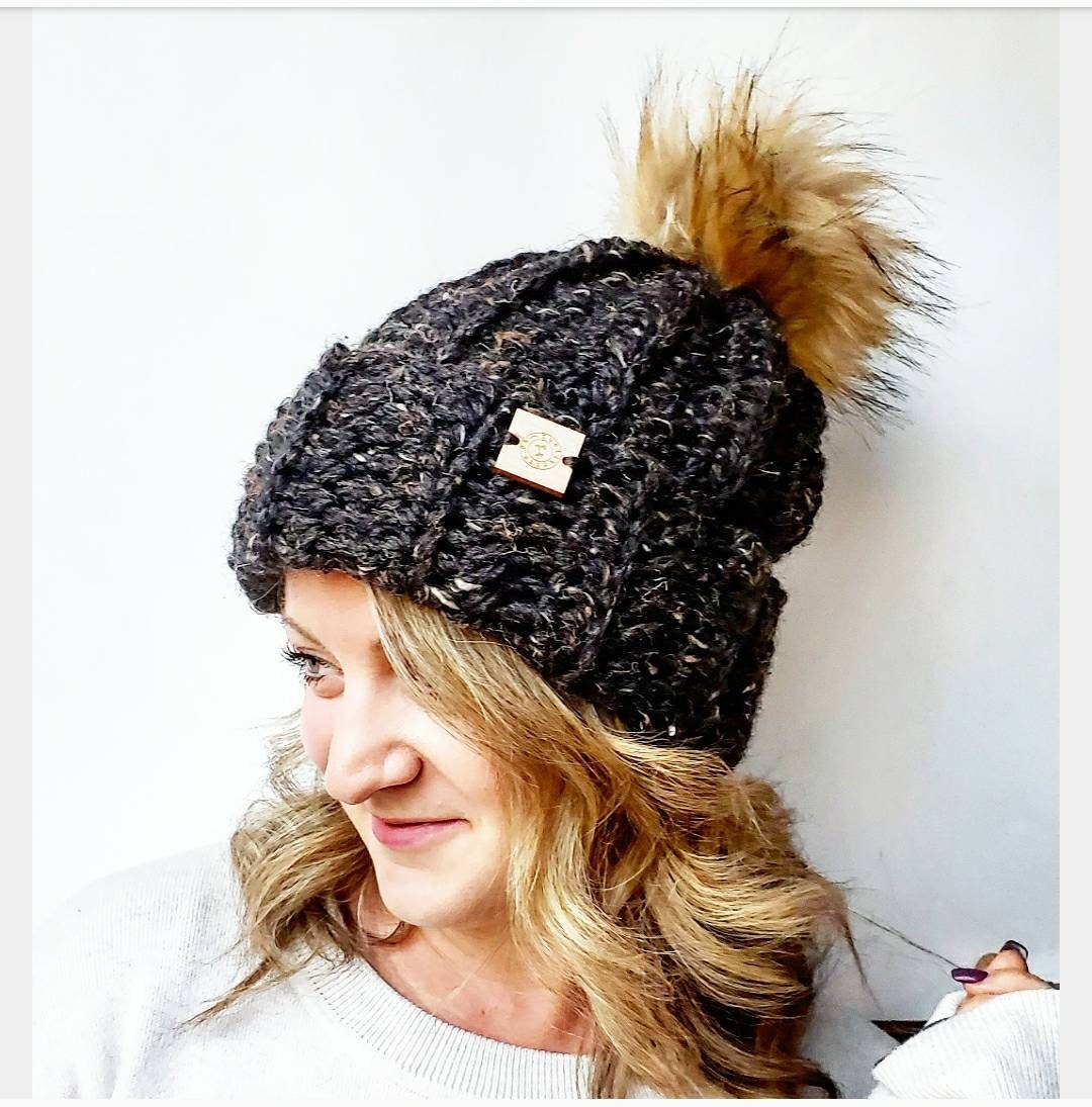 Oversized Brim Beanie With Faux Fur Pom 