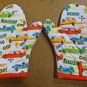 Child or Junior size oven mitts, Pair, Race Cars