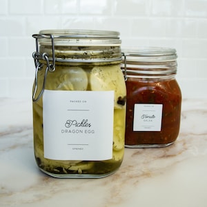 Modern Farmhouse Script Canning Labels • Waterproof and Oil Resistant • Multiple Sizes • Ball Jar • Packed and Open Dates