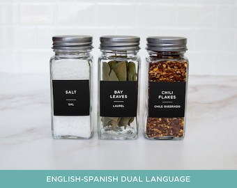 English Spanish Dual Language • Flat Black Modern Spice Labels • Waterproof and Oil Resistant • Pantry Organization • Multiple Sizes