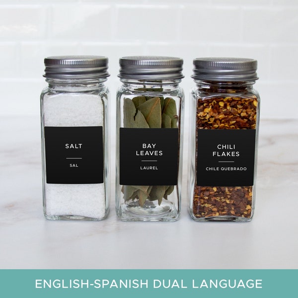 English Spanish Dual Language • Flat Black Modern Spice Labels • Waterproof and Oil Resistant • Pantry Organization • Multiple Sizes