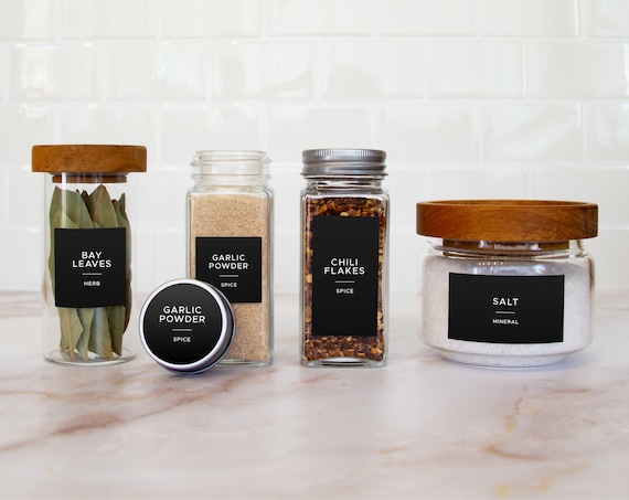 Black Modern Spice Labels • Waterproof and Oil Resistant • Kitchen, Bath, Pantry, and Home Organization • Multiple Sizes