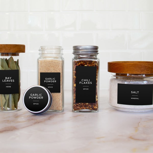 Black Modern Spice Labels • Waterproof and Oil Resistant • Kitchen, Bath, Pantry, and Home Organization • Multiple Sizes