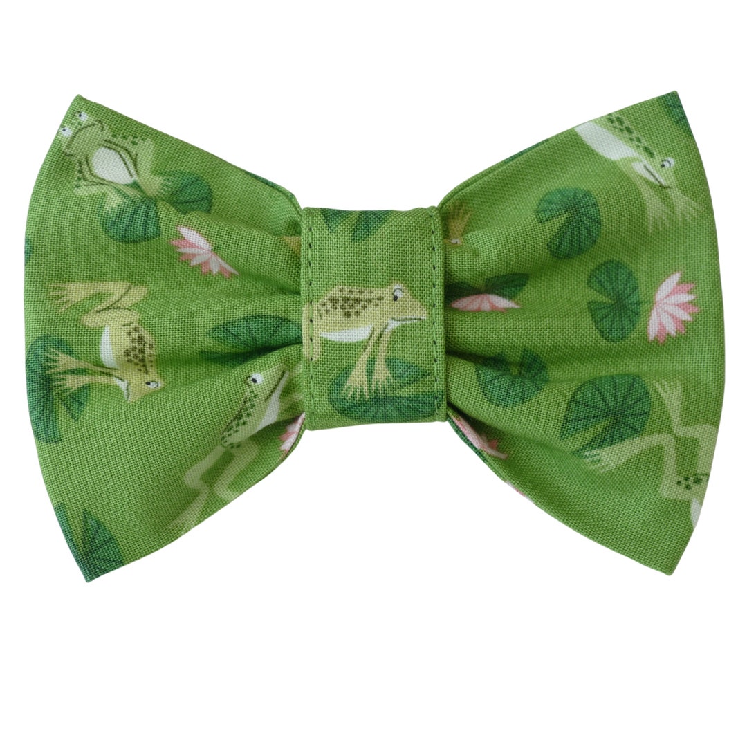 Cute Frog Frolics Bow Tie for Dogs With Leaping Frogs on a Pond Green