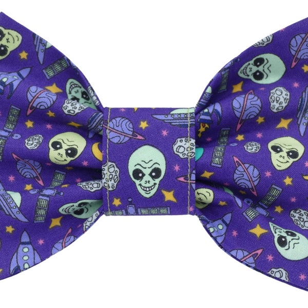 Alien Invasion sci-fi dog bow tie with little green men and flying saucers in space | cute purple dickie bow fun gift for dogs