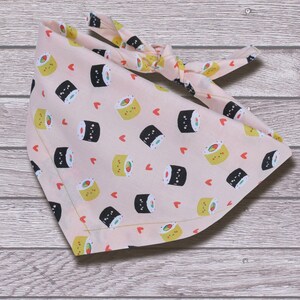 Cute handmade sushi dog bandana | funny tie on cotton puppy accessory | cute kawaii pet neckerchief | gifts for dogs