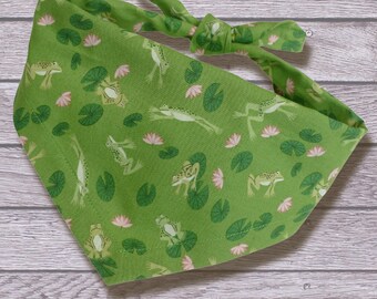 Frog Frolics tie on dog bandana in shades of green with lily pads and pink water lillies | high quality frogcore cotton handmade neckerchief