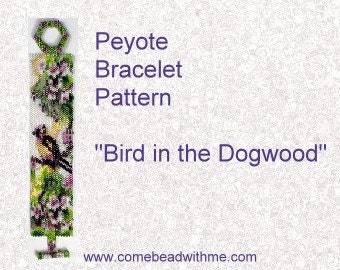 Modèle de bracelet Delica Peyotl | oiseau dans un cornouiller | Modèle de bracelet bricolage
