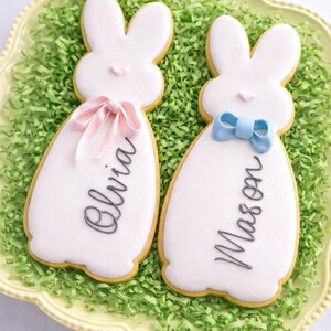 Peut inclure: Deux biscuits en forme de lapin avec un glaçage blanc et des noms personnalisés, "Olivia" et "Mason", en écriture cursive. L'un a un nœud rose, l'autre un nœud bleu. Ils reposent sur une assiette jaune avec de l'herbe en papier vert.