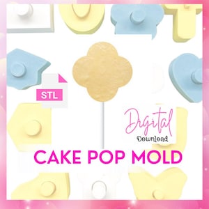 Könnte beinhalten: Ein digitales Cake-Pop-Form-Design mit verschiedenen Formen in Pastellfarben, darunter ein vierblättriges Kleeblatt. Das Bild enthält den Text "Digital Download" und "Cake Pop Mold" in Pink. Ein STL-Dateisymbol ist ebenfalls vorhanden.