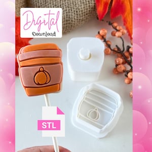 May include: A fall-themed cookie cutter set featuring a coffee cup design with a pumpkin. The set includes a cookie on a stick, a square mold, and a cutter. The words "Digital Download" and "STL" are visible.